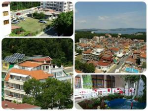 un groupe de quatre photos d'une ville avec des maisons dans l'établissement Familia Fantastiko, à Kiten