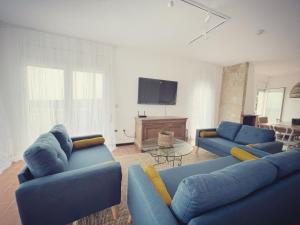 een woonkamer met twee blauwe banken en een televisie bij Villa Mas Blau Mar in Lloret de Mar
