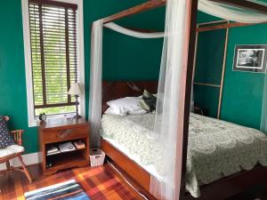 1 dormitorio con cama con dosel y un gato tirado en ella en Lakeside Villa en Cottage Grove
