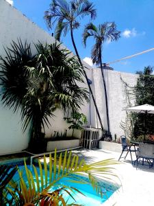 un patio con palmeras y una piscina en casa HIKURI en Cancún