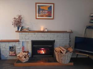 a living room with a fireplace with a fire in it at Lake Rotoiti Lakehouse Retreat in Rotorua