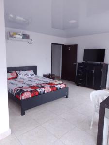 a bedroom with a bed and a black cabinet at Hostal Apartamentos Delgado in Florencia