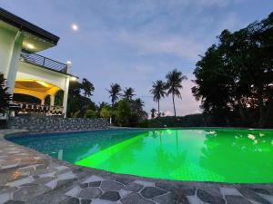 Zamboanguita的住宿－Matteo's hus VILLA RENTAL，一座房子前的游泳池,拥有绿色的灯光
