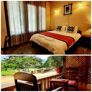 a hotel room with a bed and a window at Saynamkhan River View in Luang Prabang