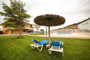 two chairs and an umbrella in the grass at Villa Oasis de Bardenas & Piscina in Valtierra