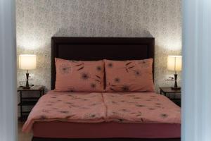 a bedroom with a pink bed with two lamps at Hostel Antique in Pula