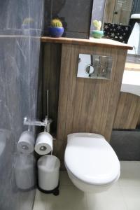 a bathroom with a white toilet and a sink at במיוחד בשבילך צימר ערד in Arad