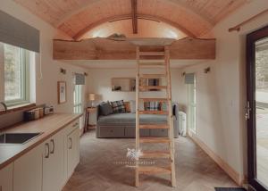 a room with a bunk bed and a ladder at Highland Shepherd Huts in Nethy Bridge