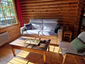 Les Chalets Amneville في أمنيفيل: غرفة معيشة مع أريكة وطاولة قهوة