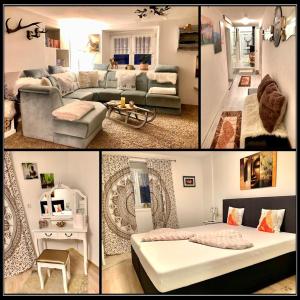 a collage of four pictures of a living room at Ferienwohnung Tiroler Auszeit & Whirlpool in Hofen