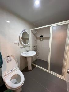 a bathroom with a toilet and a shower and a sink at Cingjing Four Seasons B&B in Renai