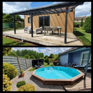 un patio trasero con piscina y pérgola en Gîte et chambre d'hôtes en Champagne, en Courtisols