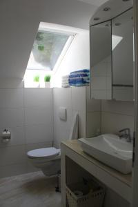 a bathroom with a sink and a toilet and a window at Apartment Haus Brüchert in Wernigerode