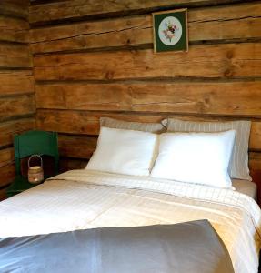a bed in a room with a wooden wall at Villa Murmuļmuiža in Zāģeri