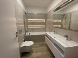 a bathroom with a toilet and a sink and a mirror at Fortuna Panorama Apartman in Odorheiu Secuiesc +40 photos