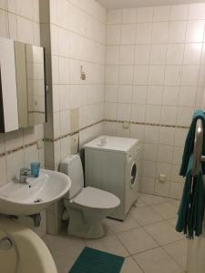 a bathroom with a white toilet and a sink at One bedroom studio apartment in Ikskile in Ikšķile