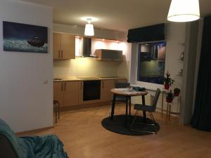 a living room with a table and a kitchen at One bedroom studio apartment in Ikskile in Ikšķile