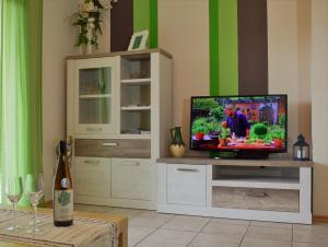 a living room with a flat screen tv on a entertainment center at Ferienwohnung Jakobsweg in Dietrichingen