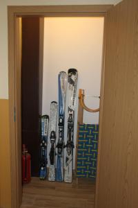 什平德莱鲁夫姆林Cozy apartment in Bedřichov - Špindlerův Mlýn的房间里摆放着一排滑雪板。