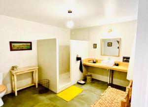 a bathroom with a sink and a toilet at La Madeleine in Amplepuis