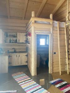 uma cabana de madeira com um lavatório e um WC em Cabana De Vis Pietrosul em Borşa