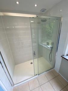 a shower with a glass door in a bathroom at Wood Place in Diss