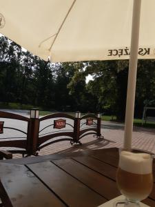 uma bebida sentada numa mesa debaixo de um guarda-chuva em Leśny Dom em Barlinek