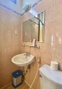 a bathroom with a sink and a toilet and a mirror at Bao Minh Hotel in Hue