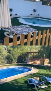 a collage of two pictures of a swimming pool at La Casa De La Abuela in Setenil