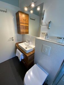 ein Badezimmer mit einem weißen WC und einem Waschbecken in der Unterkunft Park view apartments in Kaštela