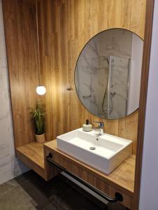 ein Badezimmer mit einem weißen Waschbecken und einem Spiegel in der Unterkunft Apartamenty Szafirowe w Mielnie in Mielno