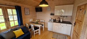 kuchnia i salon w drewnianym domku w obiekcie Siedlisko Natura w mieście Sułomino