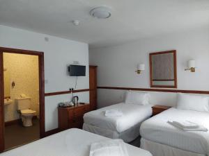 um quarto de hotel com duas camas e um espelho em Twa Dogs Inn em Keswick