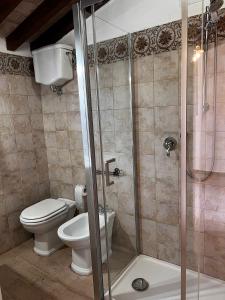 La salle de bains est pourvue de toilettes et d'une douche en verre. dans l'établissement TORRE QUADRANA, à Spello