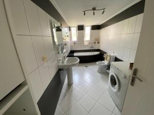 a bathroom with a toilet sink and a washing machine at Siamos Villa in Vonitsa +9 photos