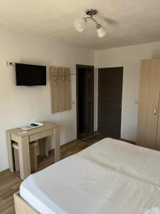 a bedroom with a bed and a desk and a tv at Vila Angi in Mangalia