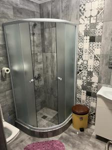 a bathroom with a shower with a glass door at Vila Angi in Mangalia