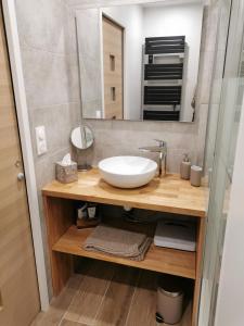 een badkamer met een wastafel en een spiegel bij Appartement de charme in Honfleur