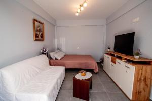 a room with a couch and a bed and a television at Grcka Reni Greece Beach Penthaus 3 in Nea Kalikratia