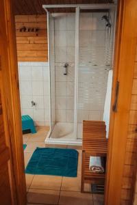 a bathroom with a shower and a tub in it at Holzhaus direkt am See in Priepert