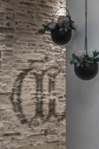 Una pared de ladrillo con dos plantas. en Dimore D'Avalos Boutique bed & breakfast, en Vasto