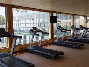 فندق شفا أبها في أبها: صف من أجهزةالجري في صالة ألعاب رياضية مع نوافذ