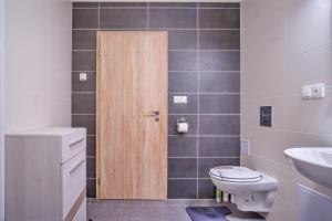 uma casa de banho com um WC e uma porta de madeira em Rezidence Podkova em Frymburk