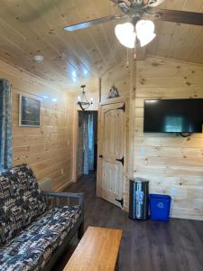 a living room with a couch and a flat screen tv at Lincoln Log Cabins in Lincoln