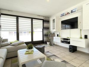 ein Wohnzimmer mit einem Sofa und einem TV in der Unterkunft Ferienhaus Schwan in Neu Pastitz