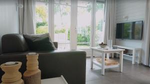 sala de estar con sofá verde y TV en huisje Zomervreugd en Burgh Haamstede
