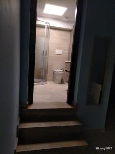 Un baño con ducha a ras de suelo y un inodoro. en ALLOGGIO BLU nel CUORE DI SORIANO, en Soriano nel Cimino