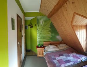 a bedroom with green walls and a bed in a room at Willa Helena in Cisna