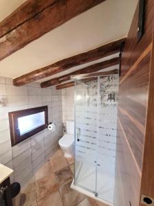 a bathroom with a toilet and a glass shower at CASA RURAL SANTA AGUEDA in Jaraba