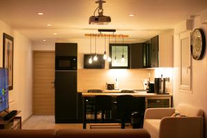 uma cozinha com armários verdes e uma ilha de cozinha em Atelier chaleureux 40m2 - Jacuzzi - proche CDG Parc des expo em Tremblay En France